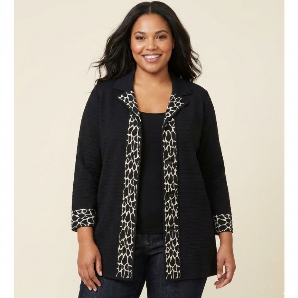 Misook 2X Black Ribbed Cardigan with Animal Print Trim